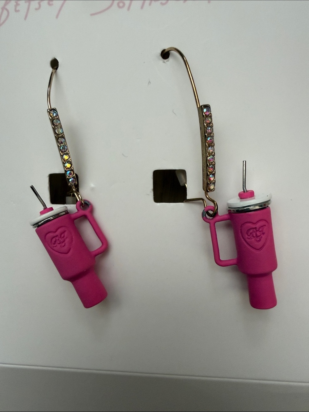 Betsey Johnson Pink & Gold Novelty Travel Mug Drop Earrings - Picture 4 of 10